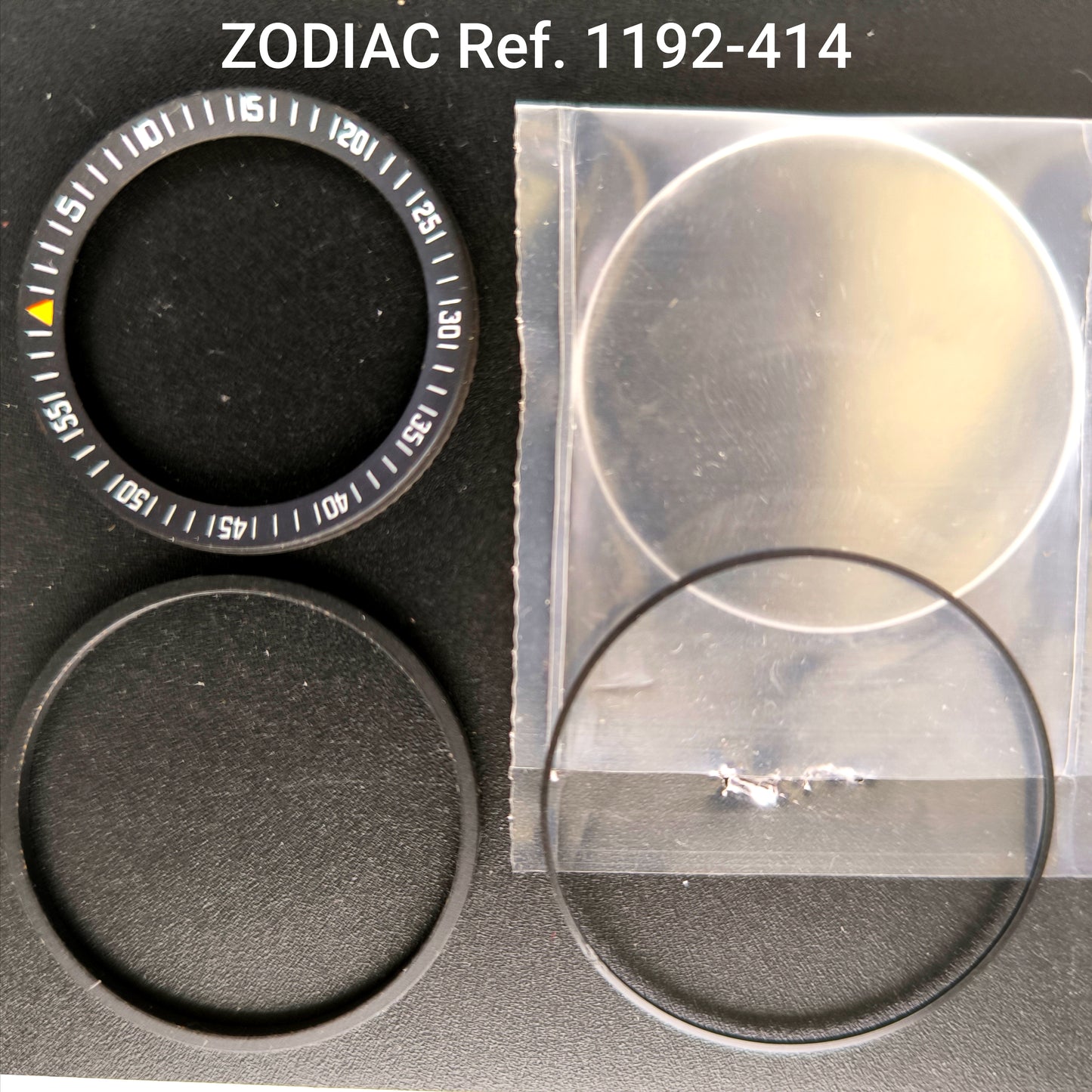 ZODIAC Sea Wolf - orig. NOS - Komplettes Set: bedruckter Drehring + Fassung & mineral Uhrglas + Glasdichtung - Vintage - Ref. 1192-414