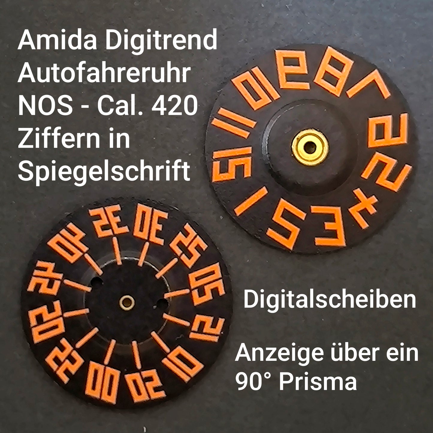 Amida Digital Digitrend - Minutenscheibe & Stundenscheibe - mit gespiegelten Zahlen - NOS - AMIDA Cal. 420, 425 ... & Cal. 710, 715 ... - Schwarz & Orangerot