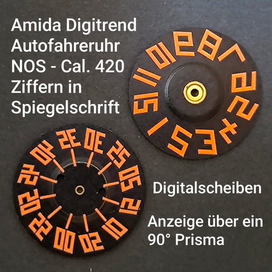 Amida Digital Digitrend - Minutenscheibe & Stundenscheibe - mit gespiegelten Zahlen - NOS - AMIDA Cal. 420, 425 ... & Cal. 710, 715 ... - Schwarz & Orangerot