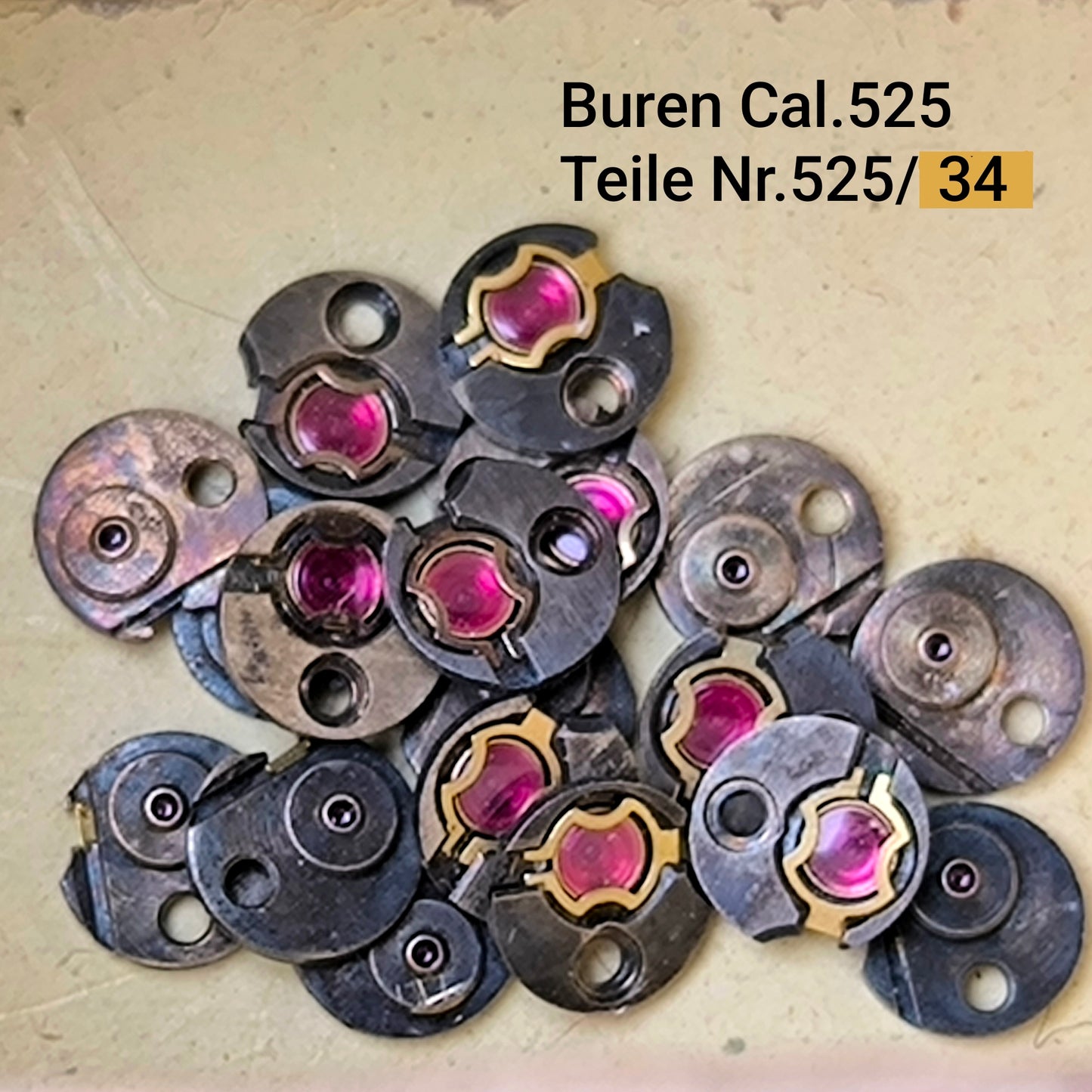 Buren Cal. 525 - Bumper - NOS - Buren Teile Nr. 34 - Platinenseitige Stosssicherung komplett, mit Loch und Deckstein / Brass setting jewelled for Balance Bottom