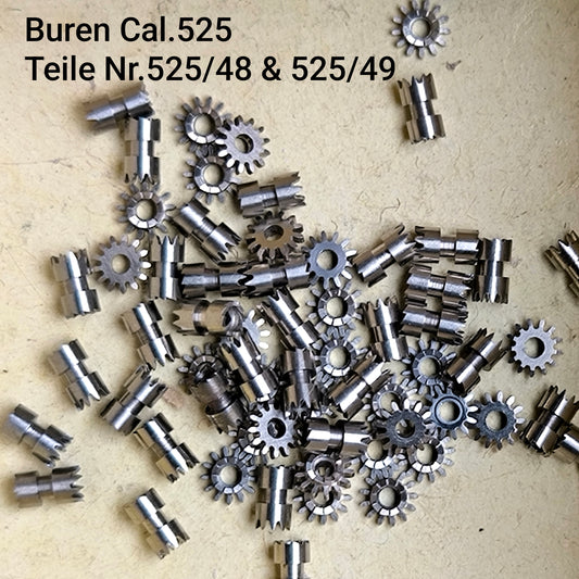Buren Cal. 525 - Bumper - NOS - Buren Teile Nr. 48 & 49 - Aufzugstrieb & Aufzugsrad / Castle Wheel & Shaft Crown Wheel