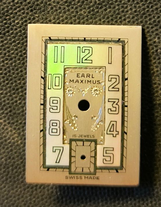 EARL MAXIMUS - wunderschönes originales NOS Art Deco Zifferblatt - L = 23,9mm X B = 16,9mm - für Helvetia Cal. 75 - 1930er Jahre