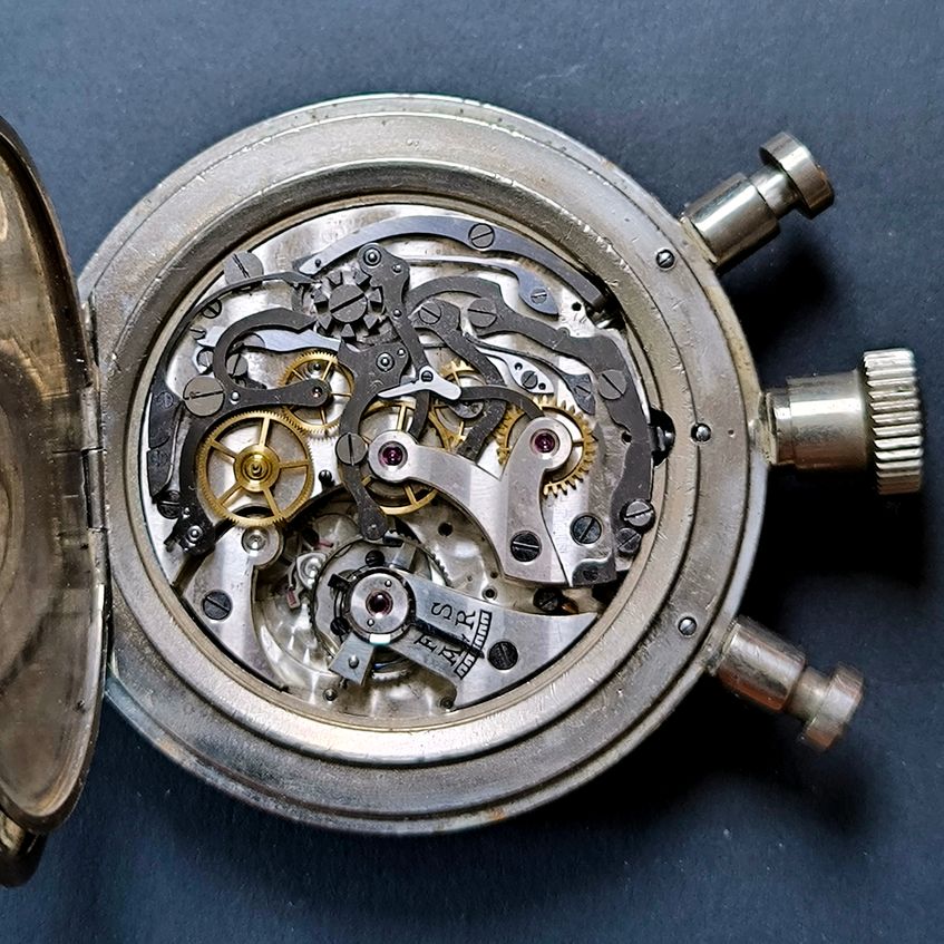 U-Boot Torpedo Stoppuhr - Rattrapante - Huber mit MINERVA Uhrwerk - Militär -  Zehntelsekunde Einschlag-Schall-Messung über 3 Minutenzifferblatt - sehr selten