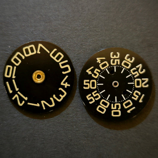 Amida Digital - Minutenscheibe & Stundenscheibe - NOS - AMIDA Cal. 420, 425, 435, 4350 - Schwarz & Bronzefarben Ziffern normal, schlank