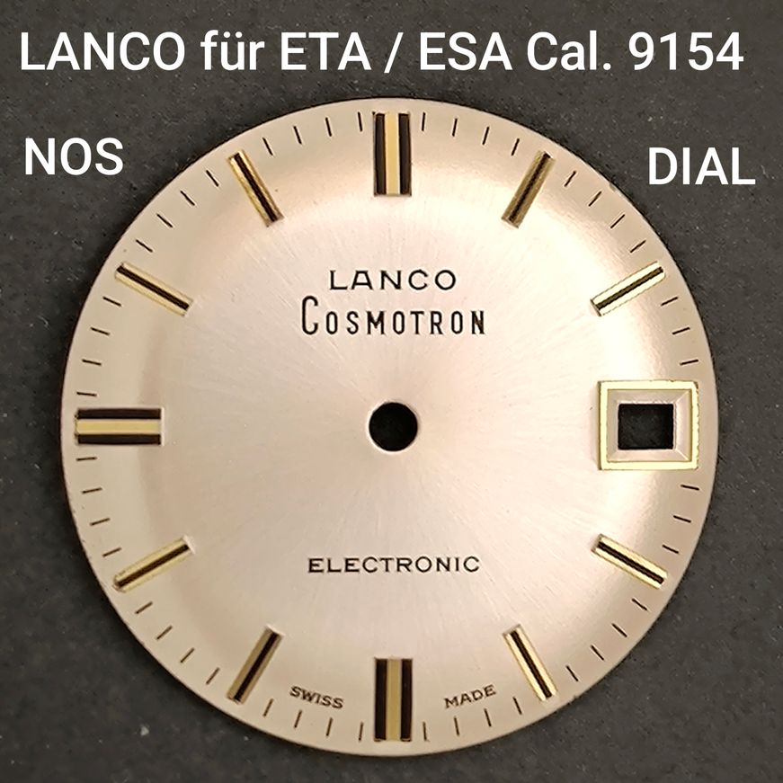 LANCO COSMOTRON ELECTRONIC - ZIFFERBLATT / DIAL - silbern-golden und schwarz - NOS - Vintage - für ESA/ETA Cal. 9154