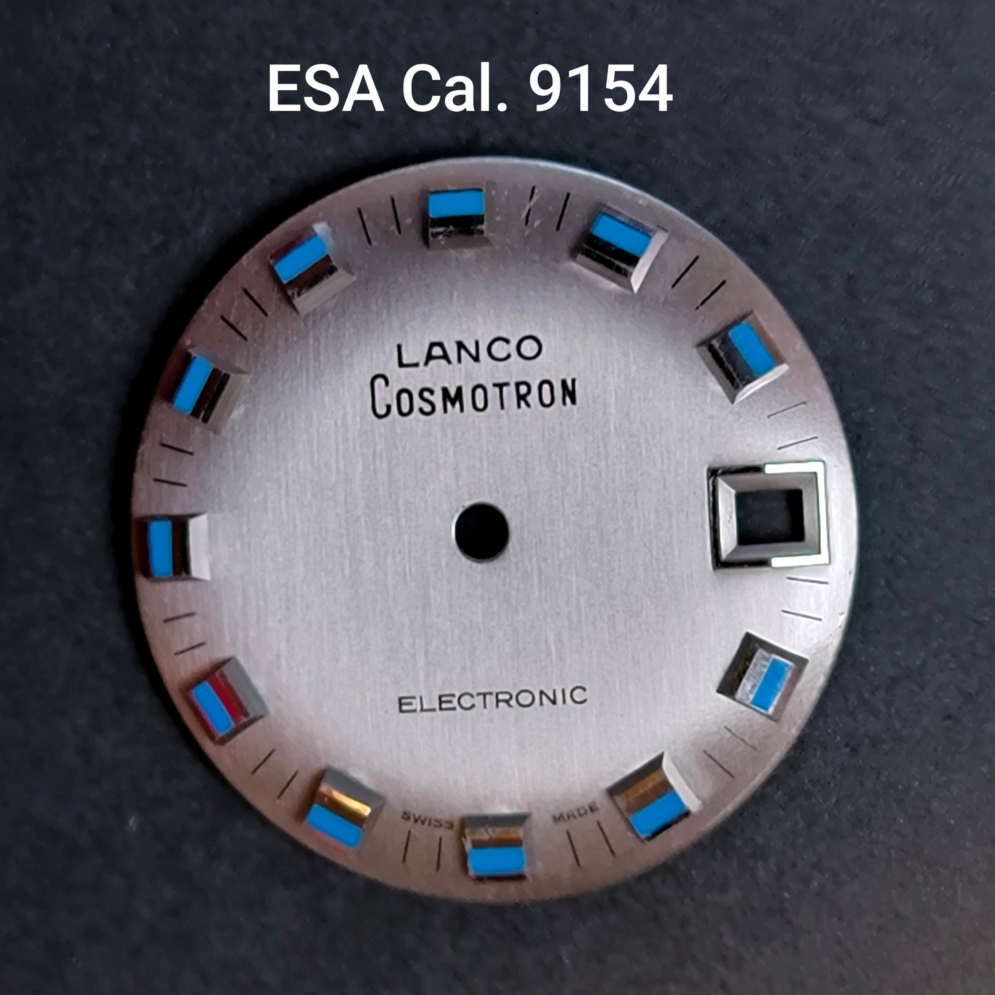 LANCO COSMOTRON ELECTRONIC - ZIFFERBLATT / DIAL in Blau & Silbern - NOS - Vintage - für ESA/ETA Cal. 9154