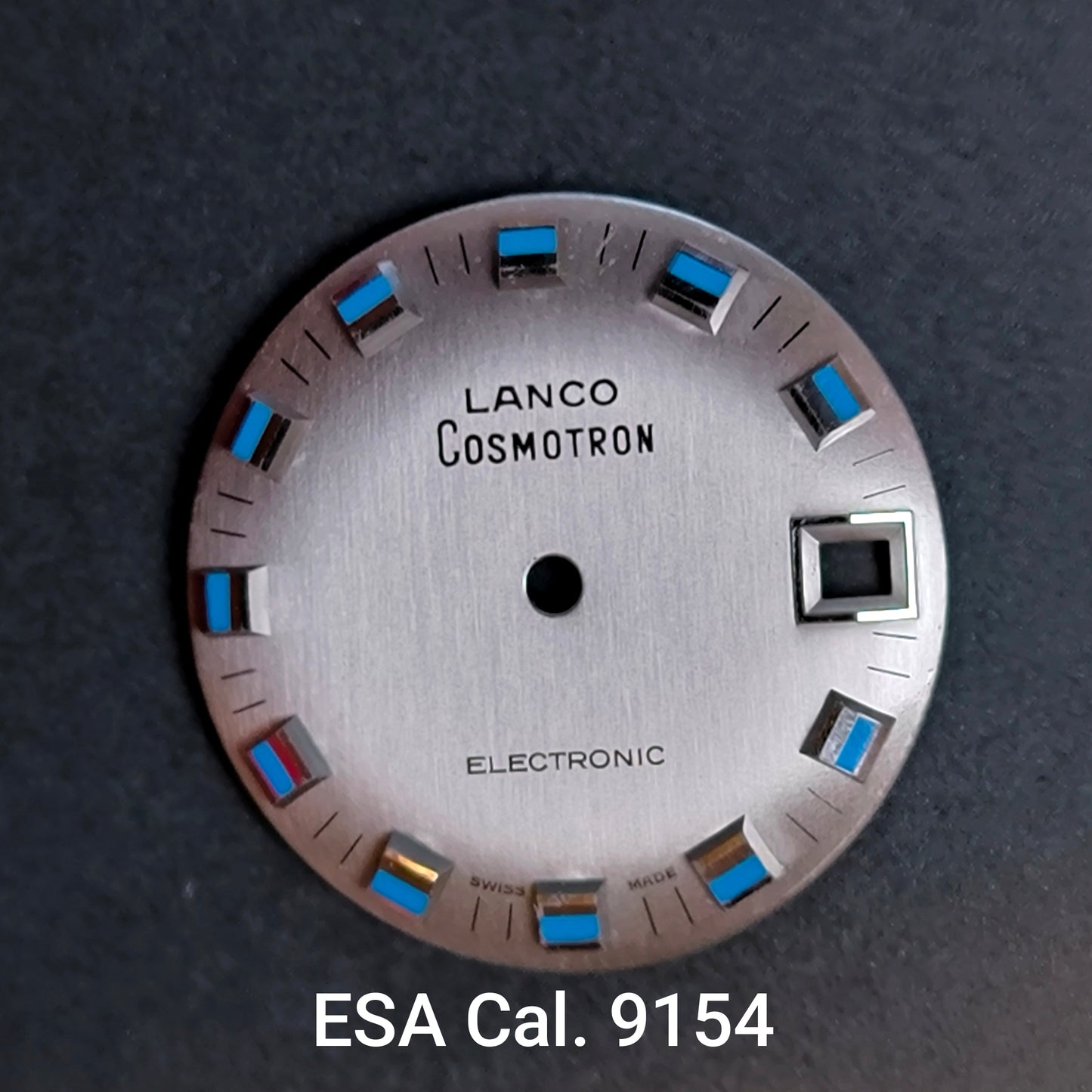 LANCO COSMOTRON ELECTRONIC - ZIFFERBLATT / DIAL in Blau & Silbern - NOS - Vintage - für ESA/ETA Cal. 9154