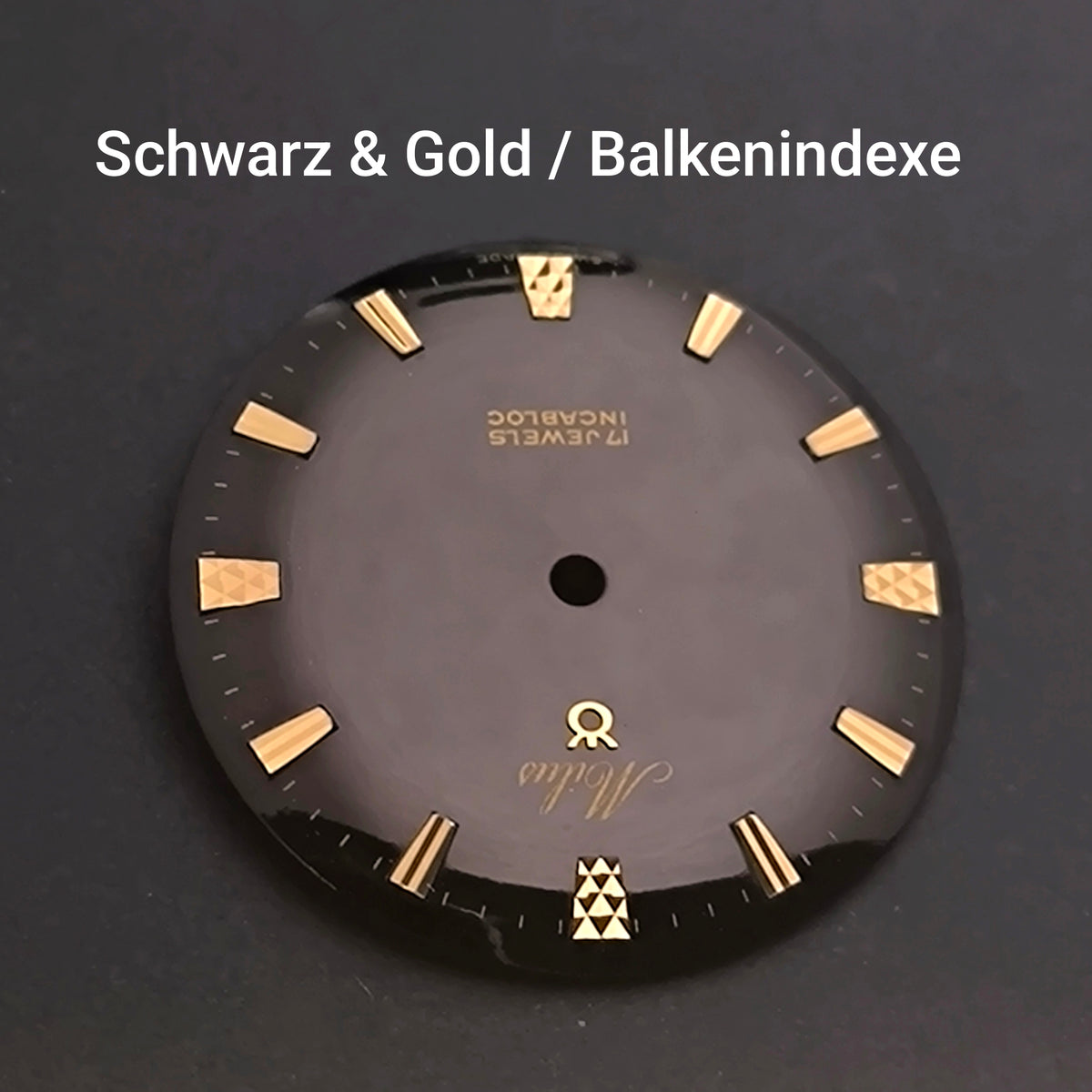 MILUS - ZIFFERBLATT / DIAL  - NOS - Vintage - für ETA Cal. 2370 - Durchmesser 29,50mm - schwarz & vergoldeten Balkenindexen