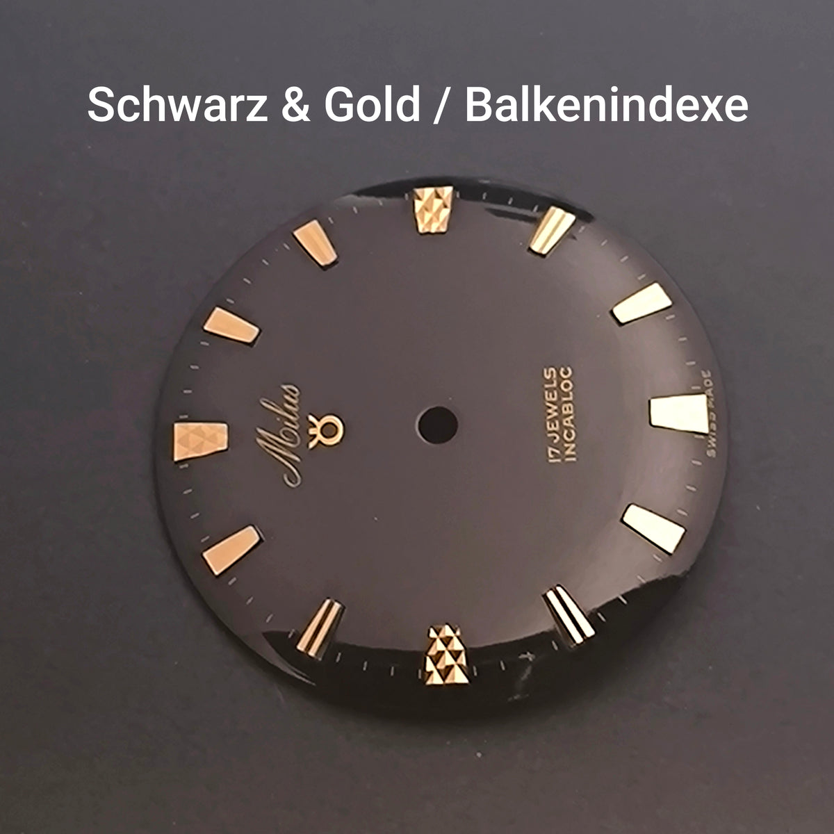 MILUS - ZIFFERBLATT / DIAL  - NOS - Vintage - für ETA Cal. 2370 - Durchmesser 29,50mm - schwarz & vergoldeten Balkenindexen