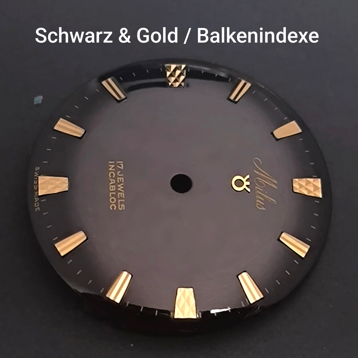 MILUS - ZIFFERBLATT / DIAL  - NOS - Vintage - für ETA Cal. 2370 - Durchmesser 29,50mm - schwarz & vergoldeten Balkenindexen