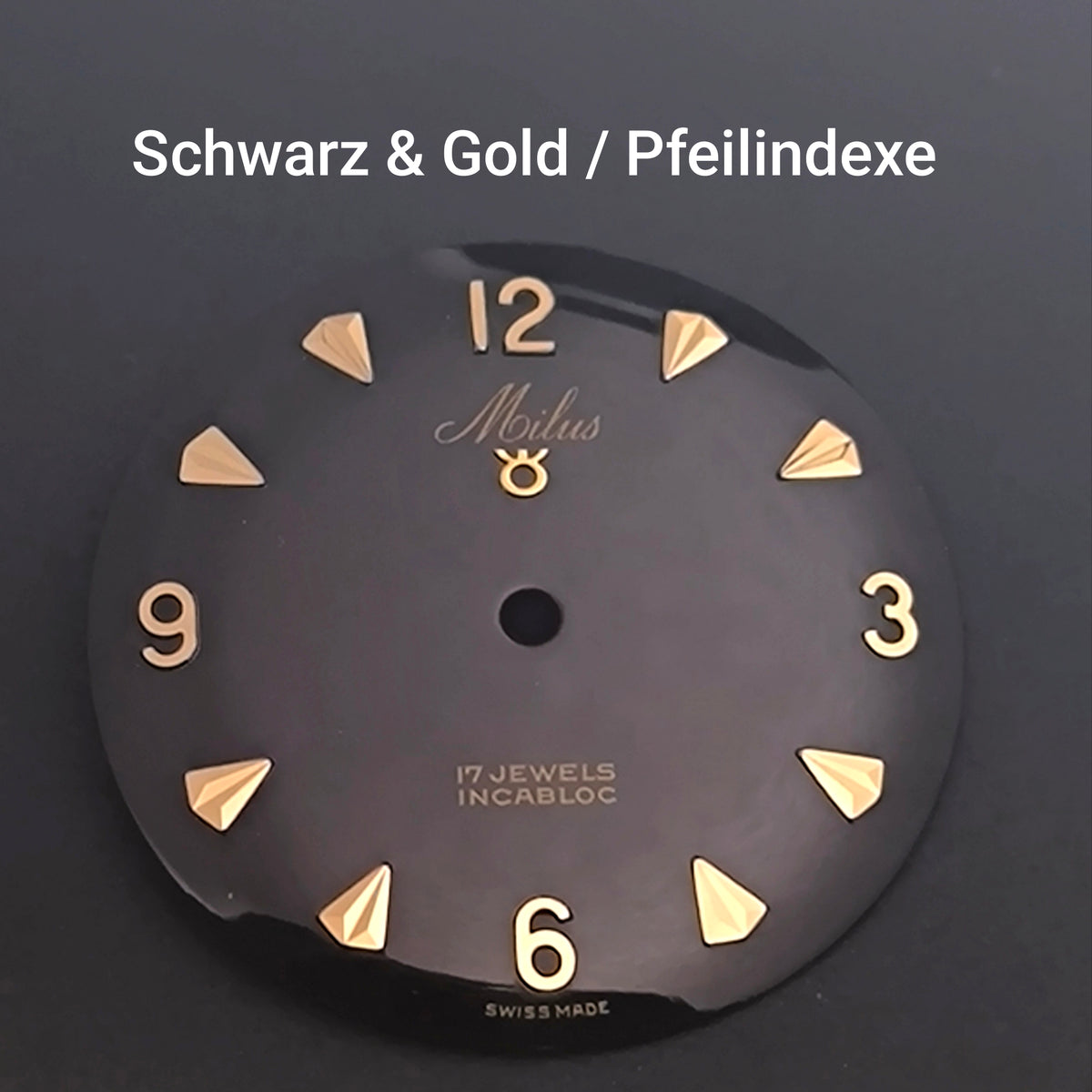 MILUS - ZIFFERBLATT / DIAL  - NOS - Vintage - für ETA Cal. 2370 - Durchmesser 29,50mm - schwarz & vergoldeten Pfeilindexen