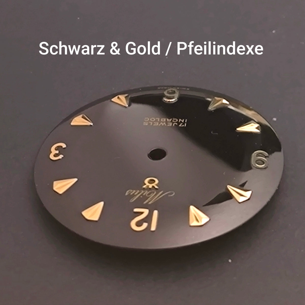 MILUS - ZIFFERBLATT / DIAL  - NOS - Vintage - für ETA Cal. 2370 - Durchmesser 29,50mm - schwarz & vergoldeten Pfeilindexen