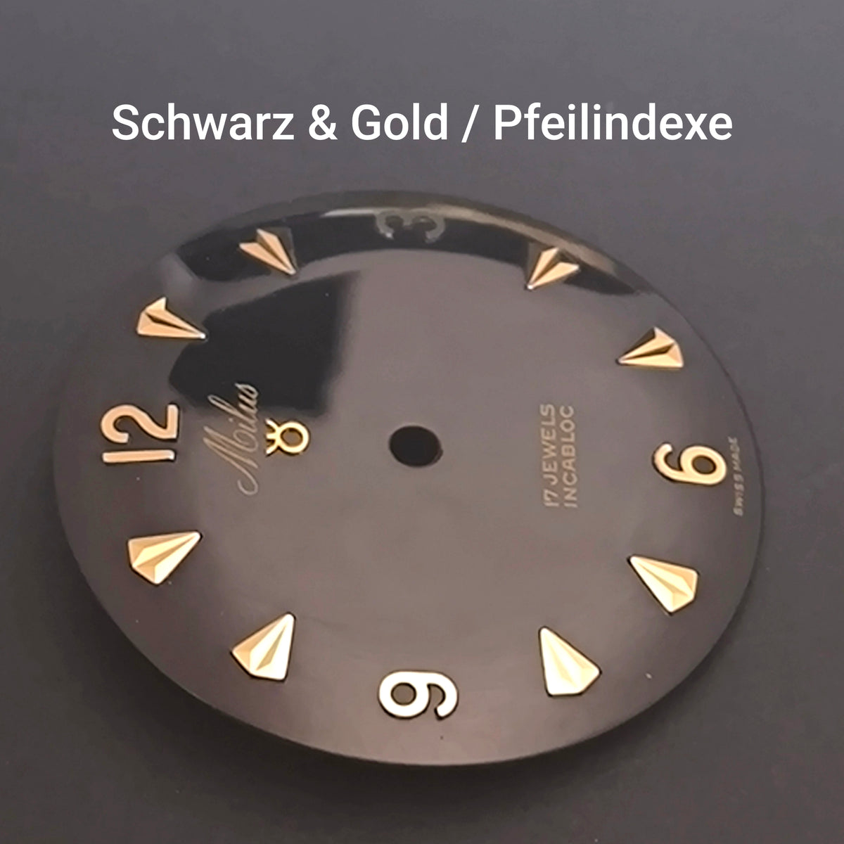 MILUS - ZIFFERBLATT / DIAL  - NOS - Vintage - für ETA Cal. 2370 - Durchmesser 29,50mm - schwarz & vergoldeten Pfeilindexen