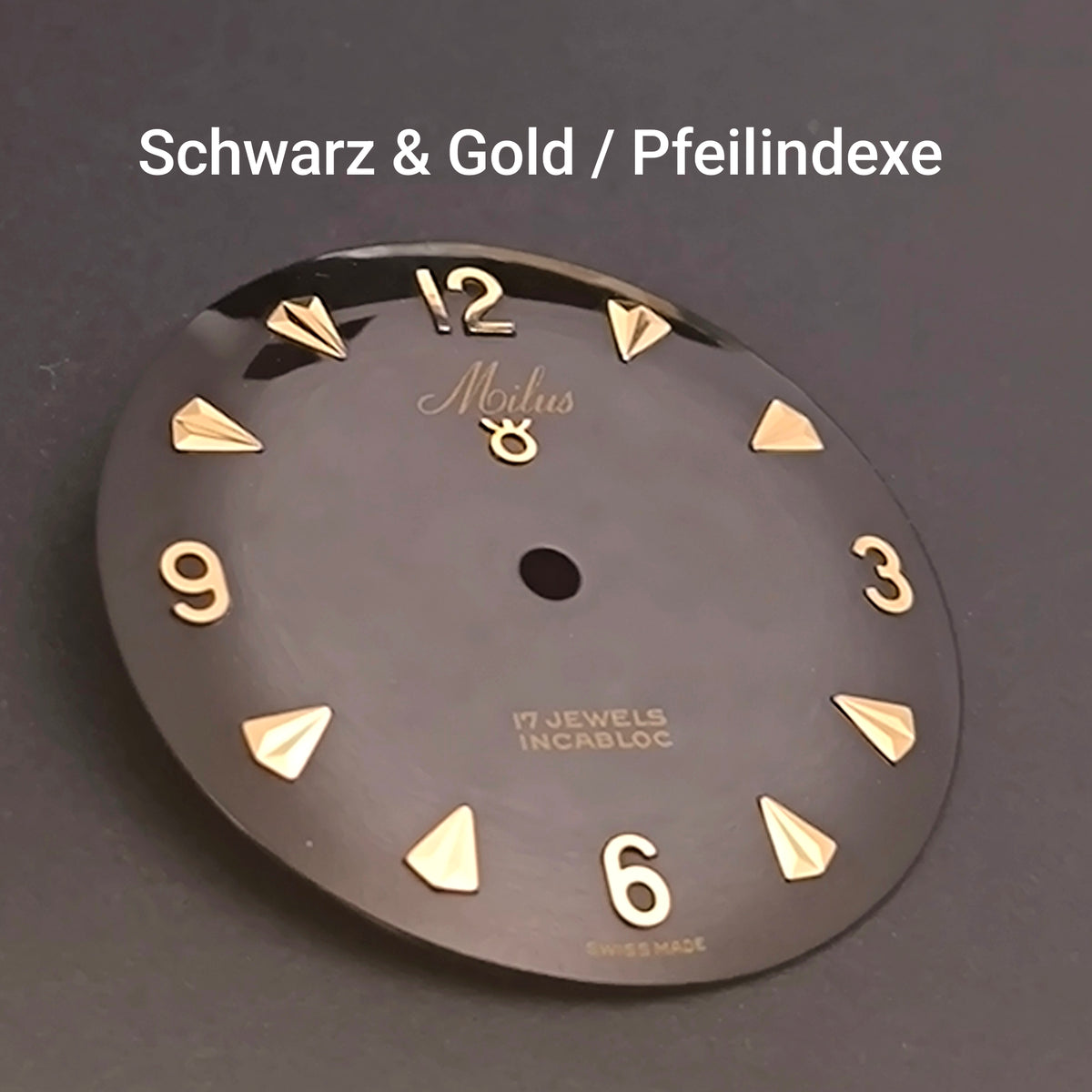 MILUS - ZIFFERBLATT / DIAL  - NOS - Vintage - für ETA Cal. 2370 - Durchmesser 29,50mm - schwarz & vergoldeten Pfeilindexen
