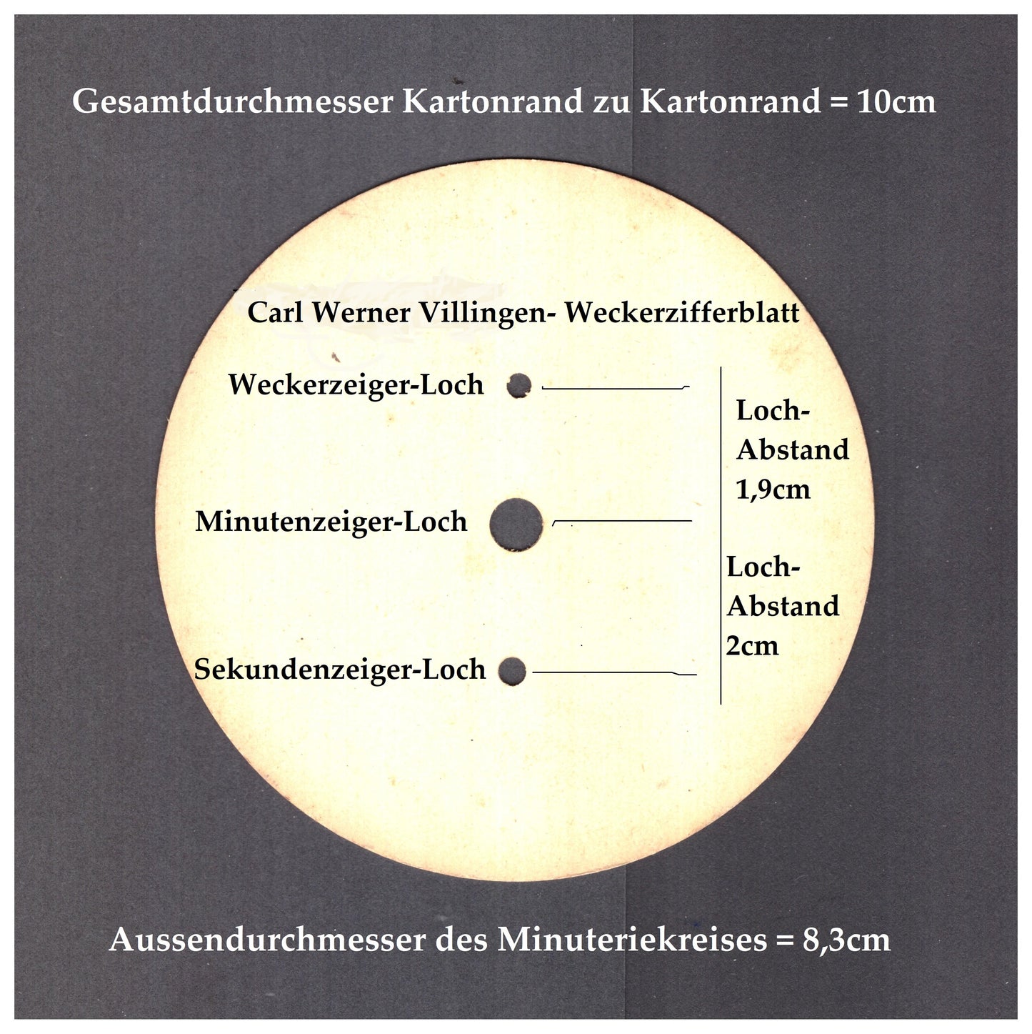 Carl Werner Villingen - NOS - kartoniertes Weckerzifferblatt - Aussendurchmesser = 10cm - gefertigt vor 1913