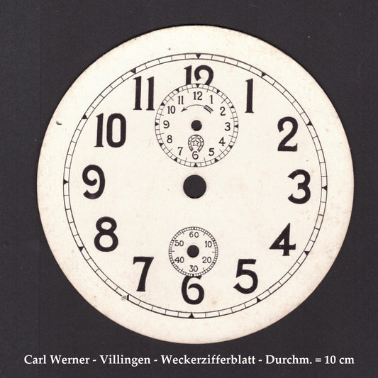 Carl Werner Villingen - NOS - kartoniertes Weckerzifferblatt - Aussendurchmesser = 10cm - gefertigt vor 1913